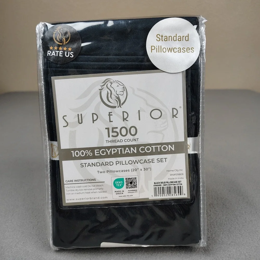 SUPERIOR 100% Egyptian Cotton 1500 Thread Count Standard Pillowcase Black 2 Pack